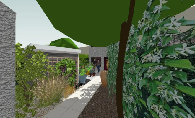 une-cour-intimiste-a-Villemoisson-Conception-vue 3D projet depuis l'entrée