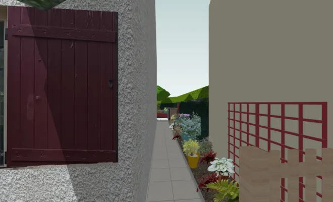 une-cour-intimiste-a-Villemoisson-Conception-vue 3D retour arrière allée