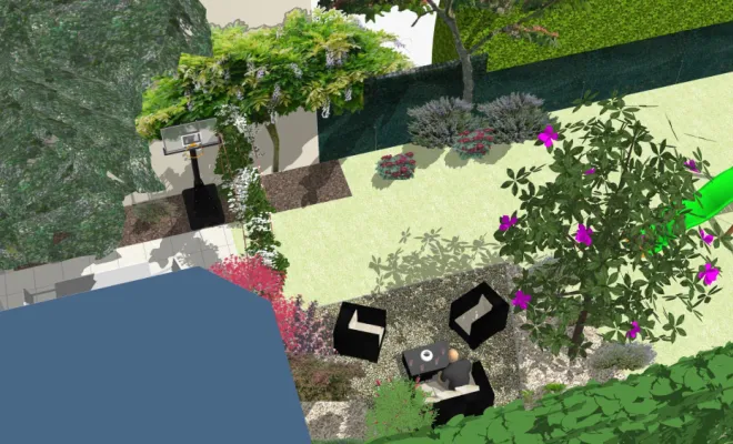 une-cour-intimiste-a-Villemoisson-Conception- vue 3D de haut vue jardin