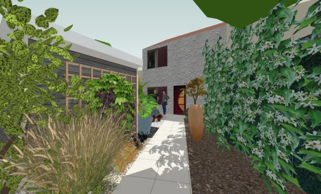 une-cour-intimiste-a-Villemoisson-Conception- vue 3D cacher l'abri