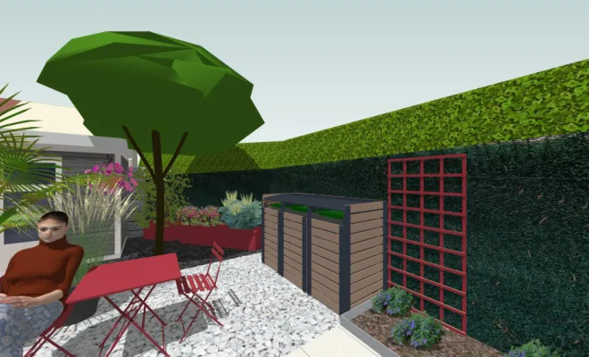 une-cour-intimiste-a-Villemoisson-Conception-vue 3D cour vers cache poubelles